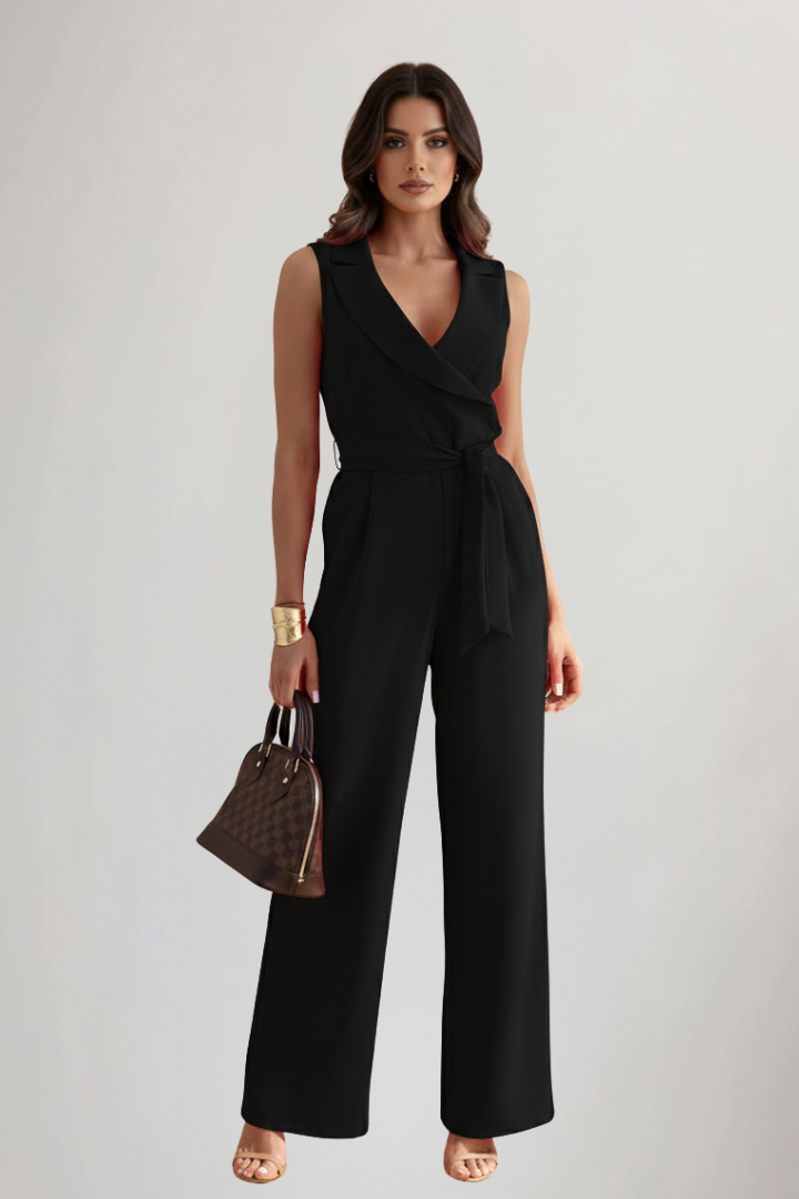Felicia | Damen Ärmelloser V-Ausschnitt Jumpsuit mit Taillengürtel
