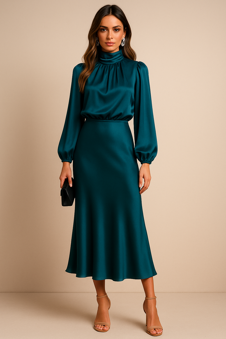 Julia | Damen Midikleid mit hohem Ausschnitt