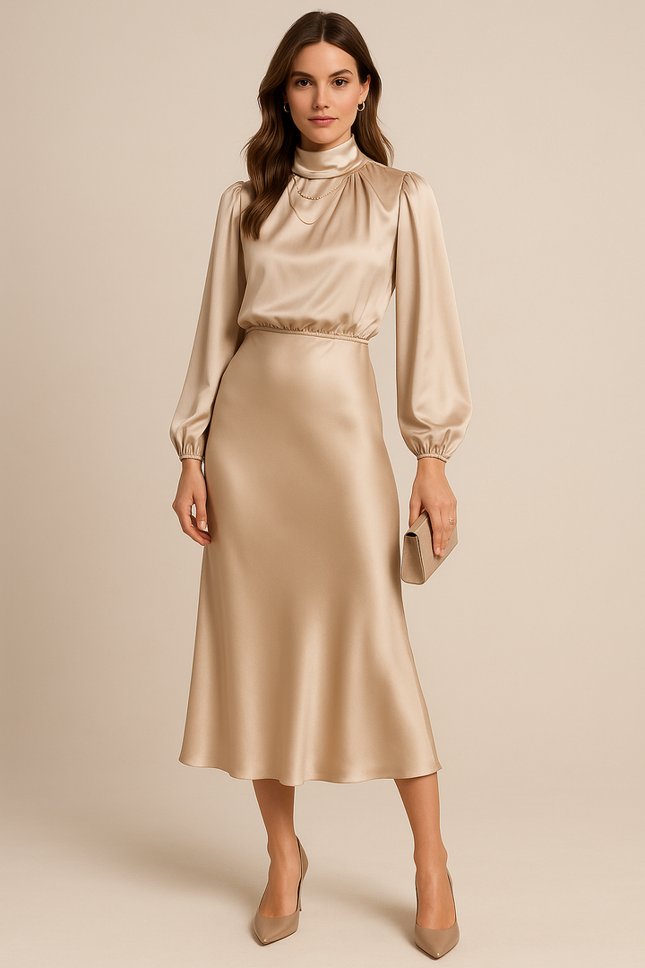 Julia | Damen Midikleid mit hohem Ausschnitt