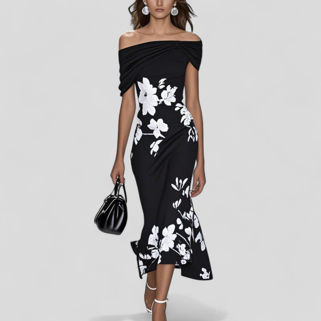 Anna | Damen Blumen Off-Shoulder Midi Kleid
