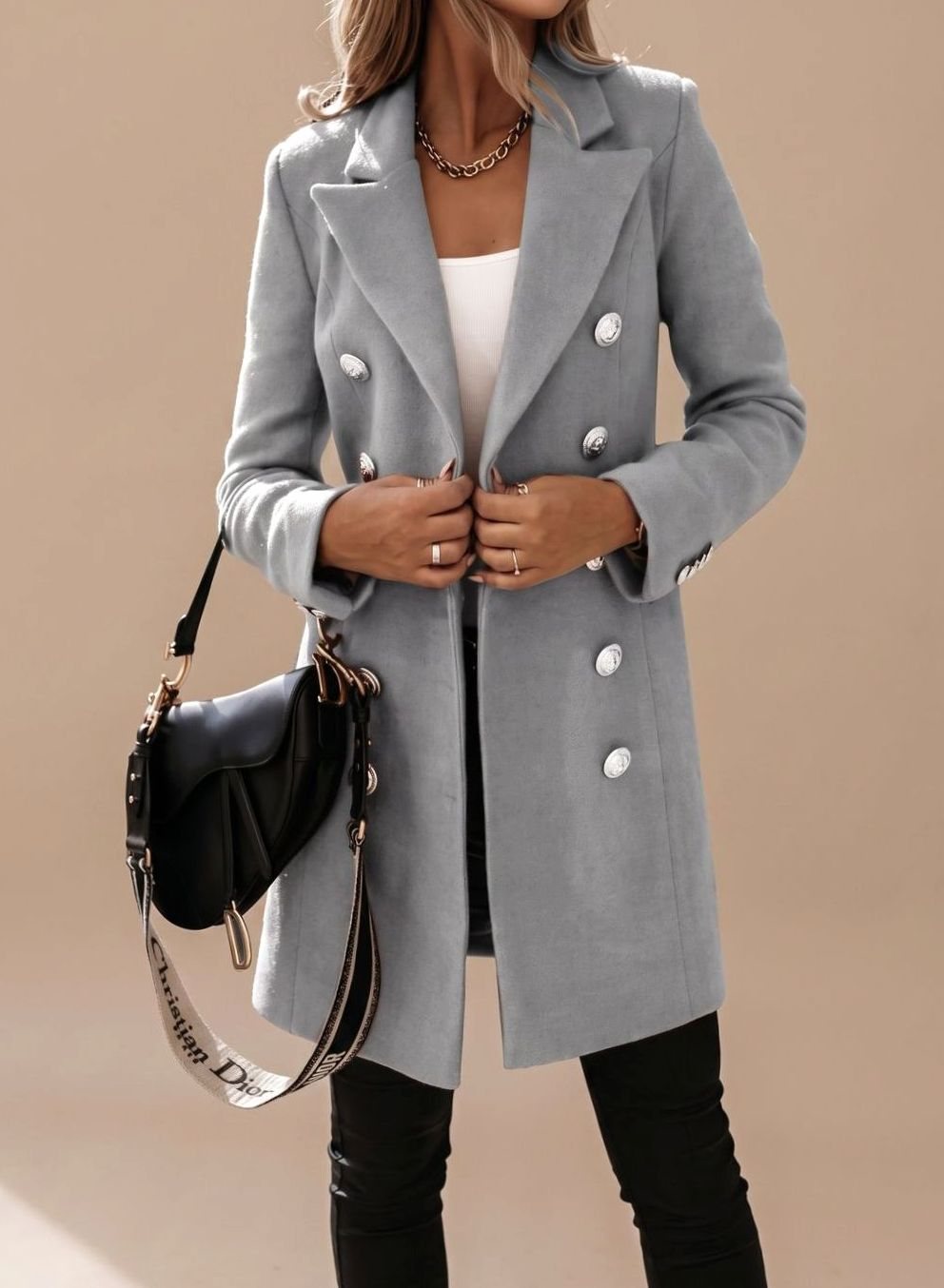 Übergangsjacke Damen Doppelreihiger Langmantel Slim-Fit - Grau
