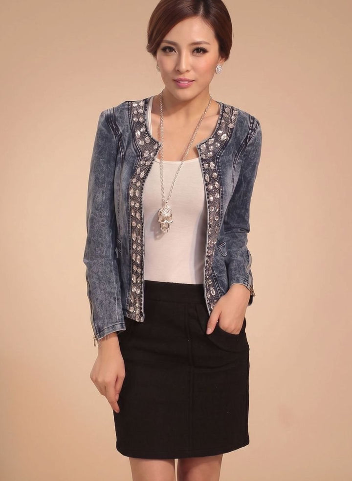 Übergangsjacke Damen Kurze Jeansjacke Blau mit Strass - Blau