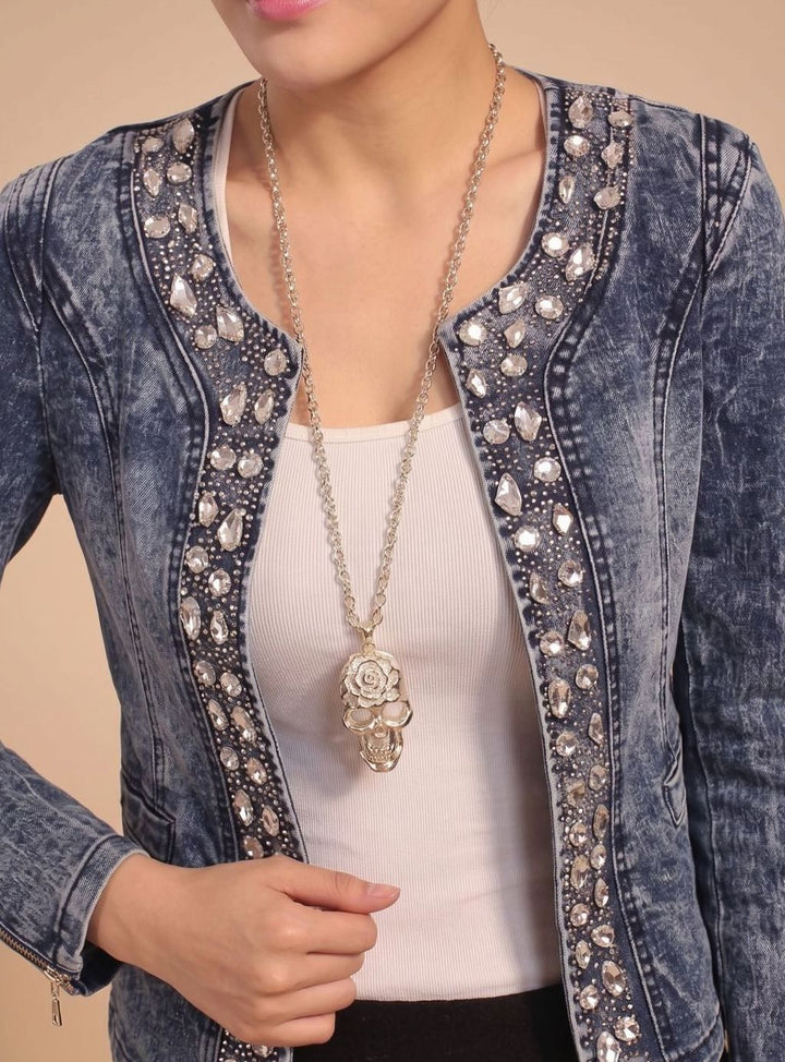 Übergangsjacke Damen Kurze Jeansjacke Blau mit Strass