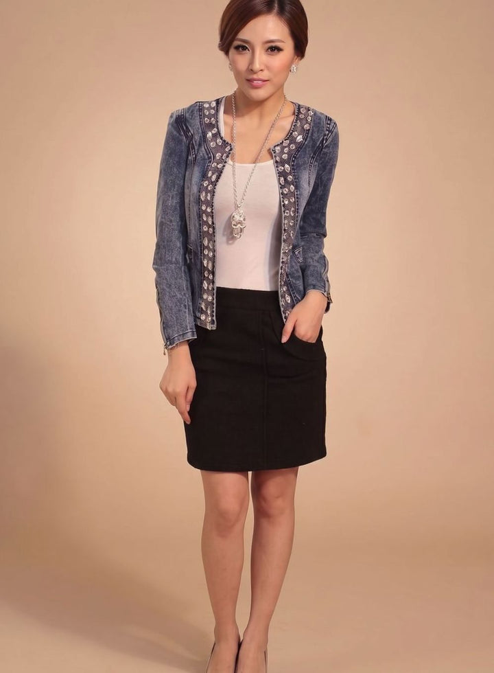 Übergangsjacke Damen Kurze Jeansjacke Blau mit Strass