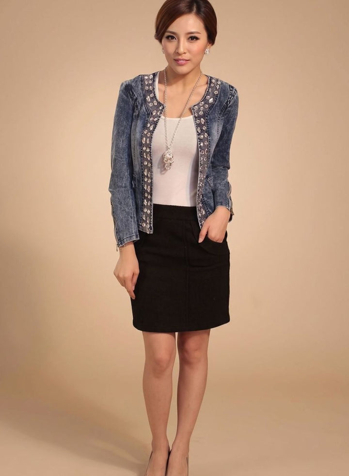 Übergangsjacke Damen Kurze Jeansjacke Blau mit Strass