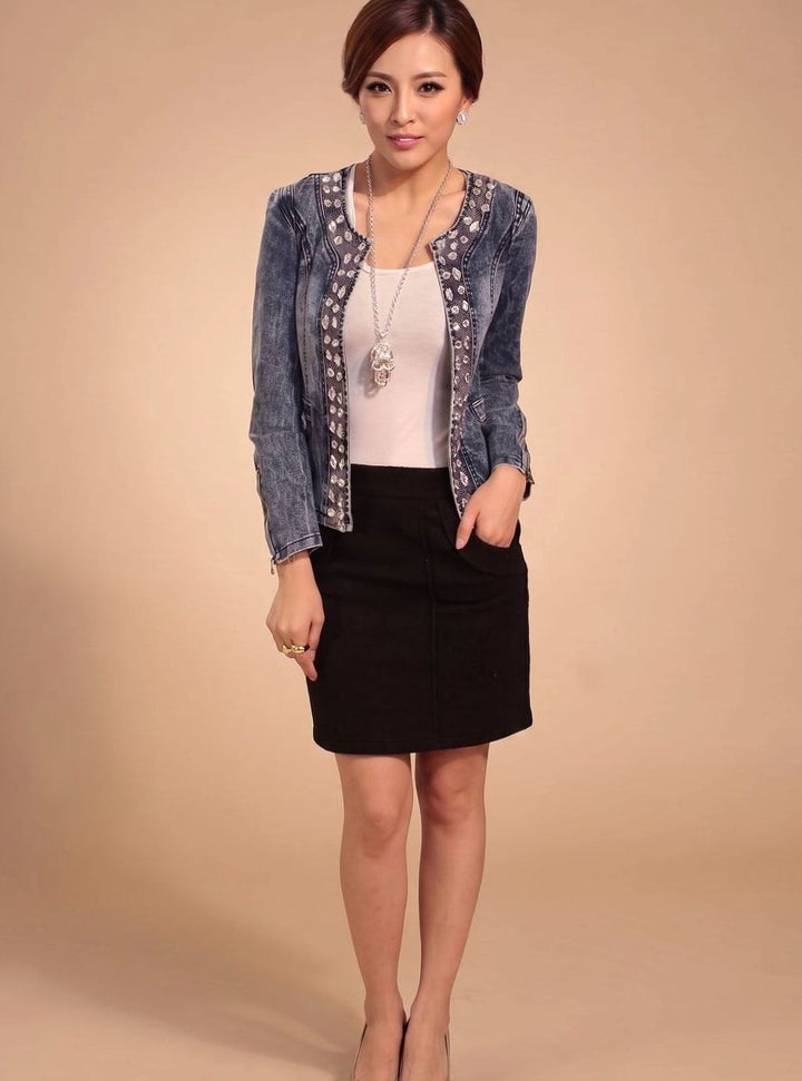 Übergangsjacke Damen Kurze Jeansjacke Blau mit Strass