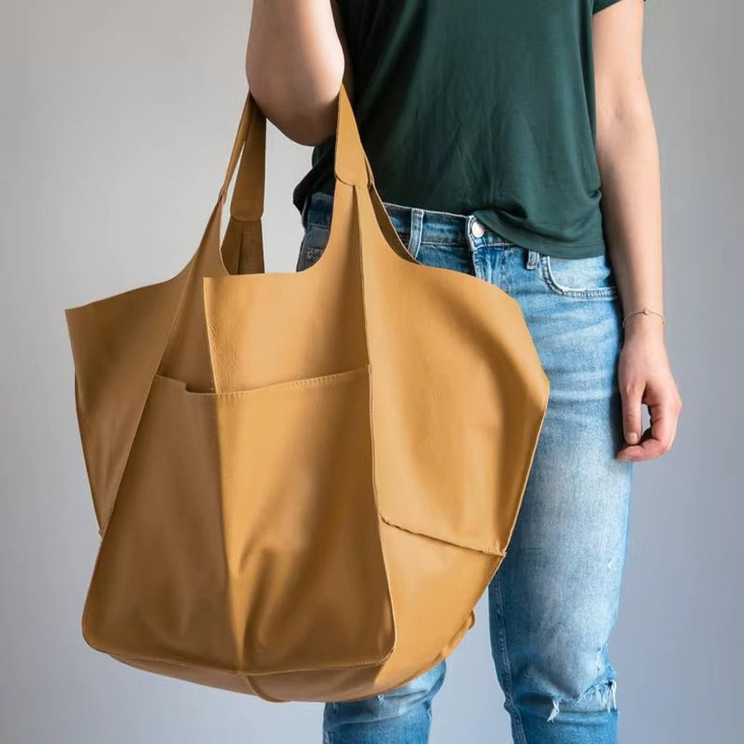 Übergroße Veganleder Tote Bag mit Magnetverschluss - Senf