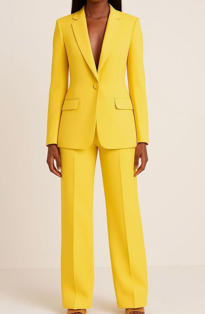 Blazer Hosen Set für Damen Einknöpfiger Anzug Set Damen Elegant - Gelb