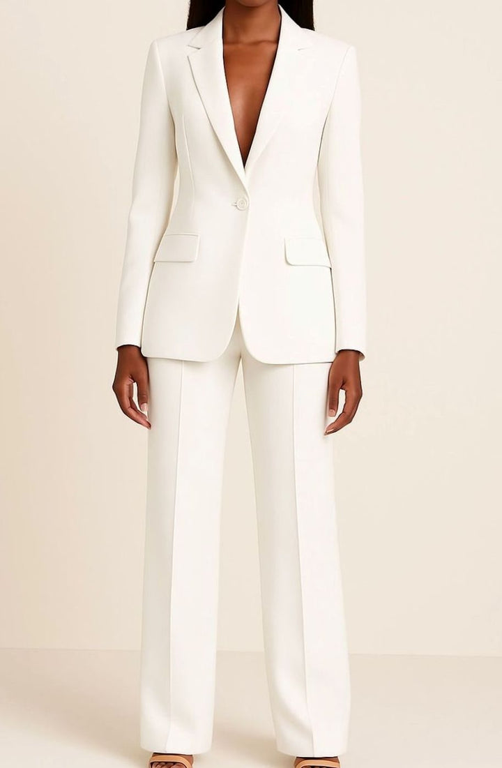 Blazer Hosen Set für Damen Einknöpfiger Anzug Set Damen Elegant - Weiß
