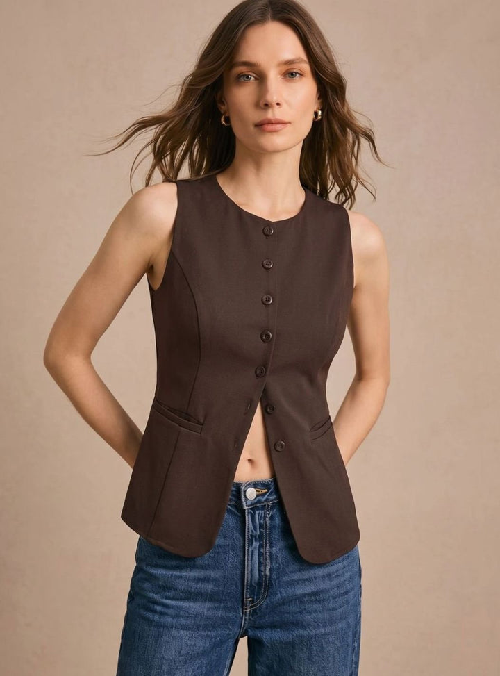 Bodywarmer Damen Elegante Ärmellose Knopfleisten-Weste