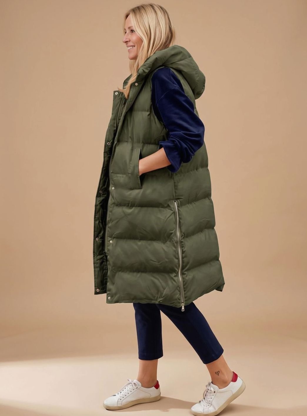 Bodywarmer Damen Langer Gesteppter Kapuzen-Steppweste - Armeegrün