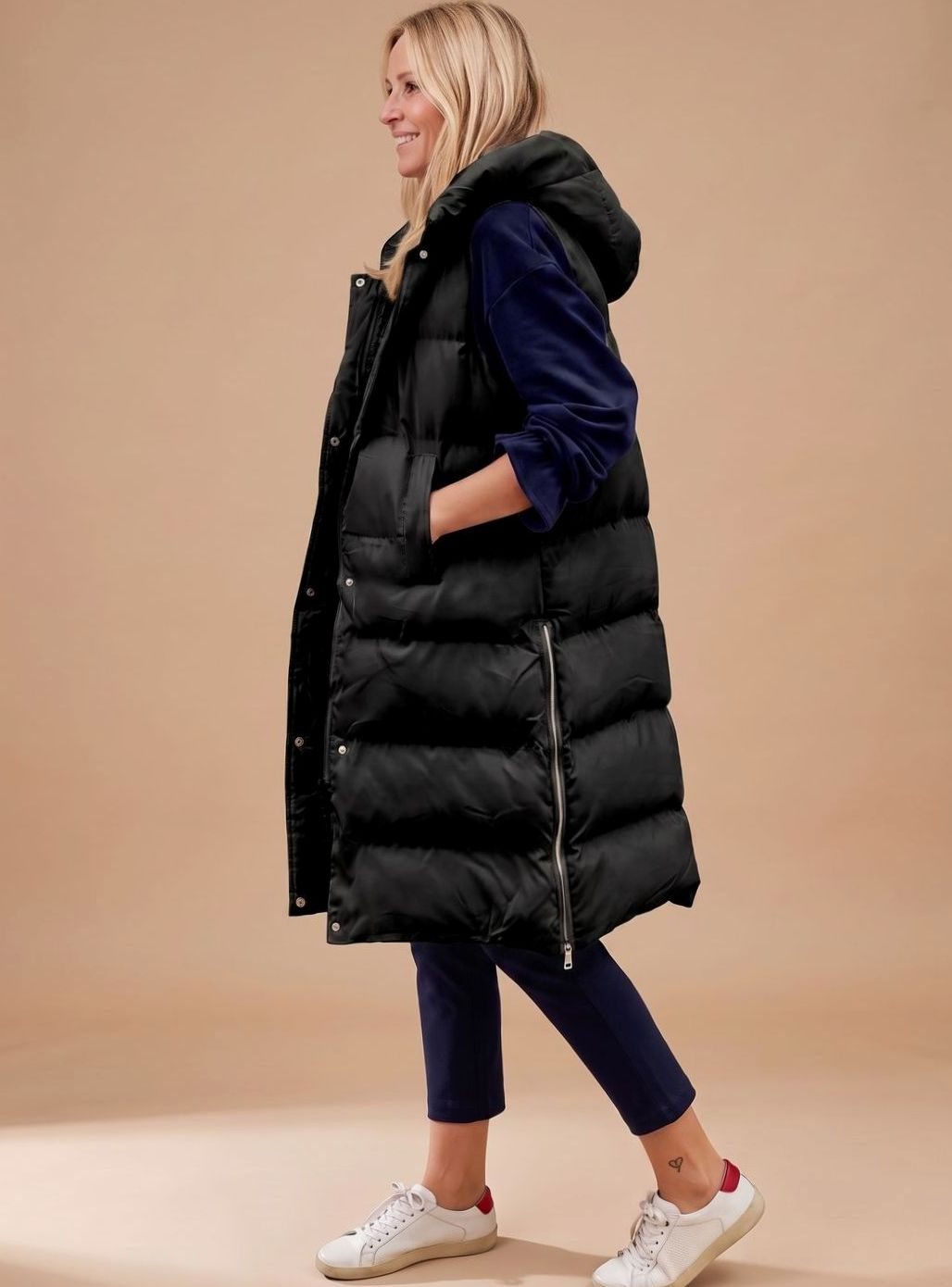 Bodywarmer Damen Langer Gesteppter Kapuzen-Steppweste - Schwarz