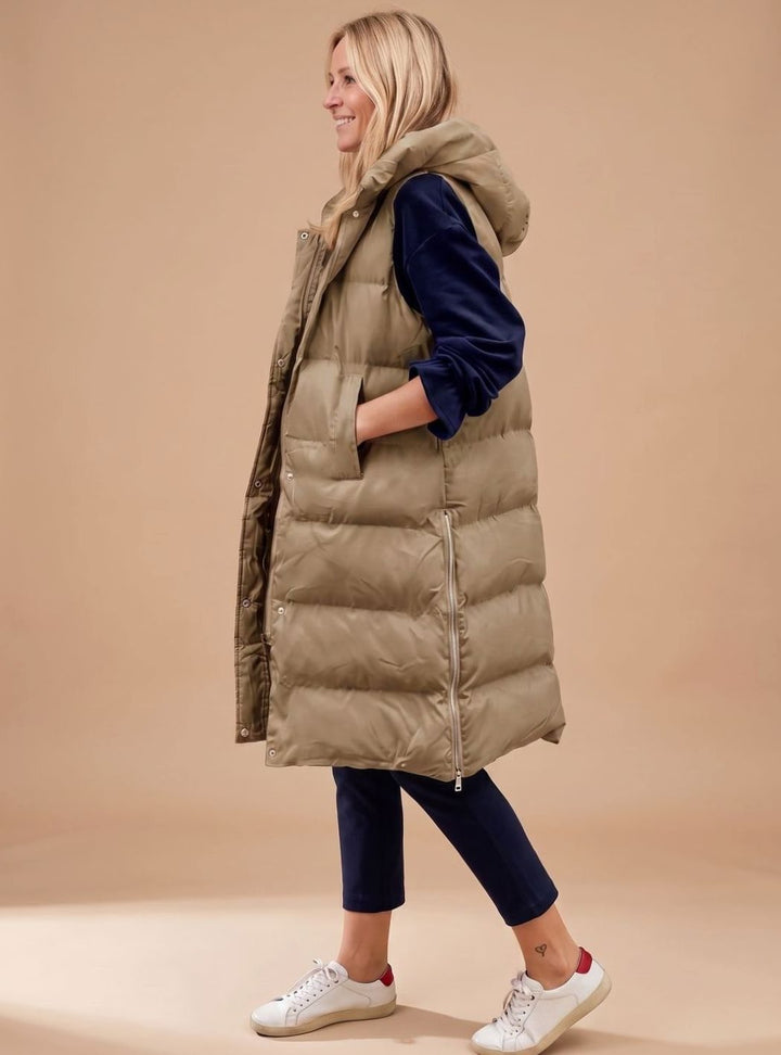 Bodywarmer Damen Langer Gesteppter Kapuzen-Steppweste - Khaki
