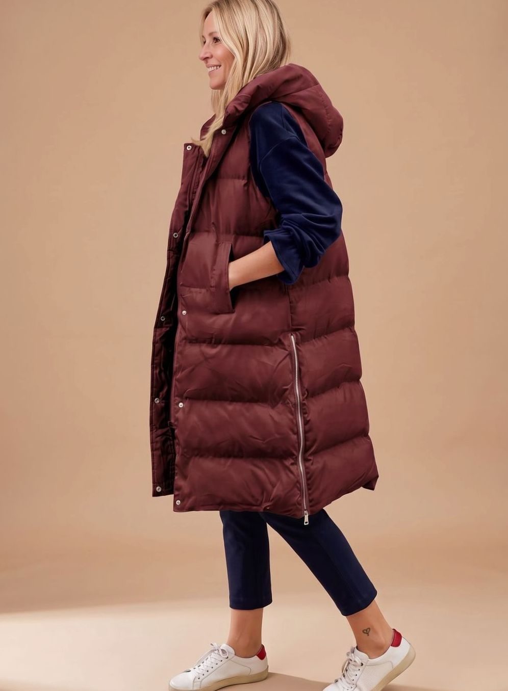 Bodywarmer Damen Langer Gesteppter Kapuzen-Steppweste - Burgund