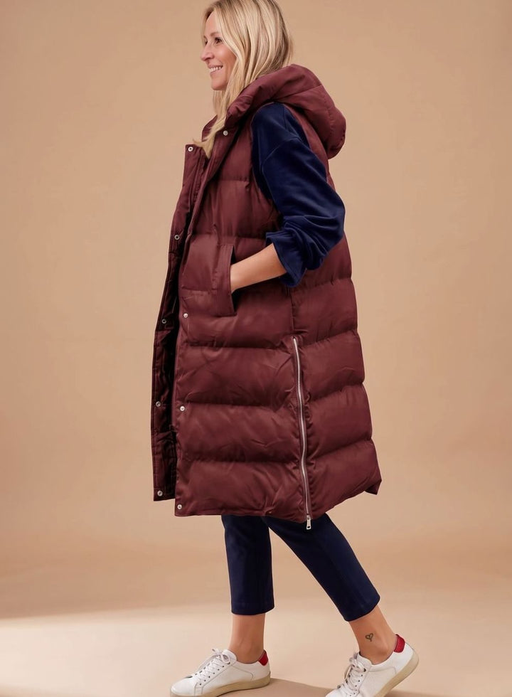 Bodywarmer Damen Langer Gesteppter Kapuzen-Steppweste - Burgund