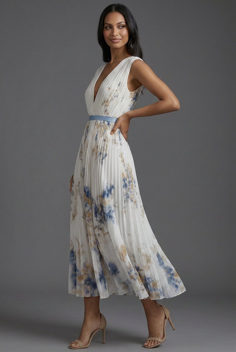 Brautmutter Kleid Midi Blumenkleid mit tiefem V-Ausschnitt und Plisseerock