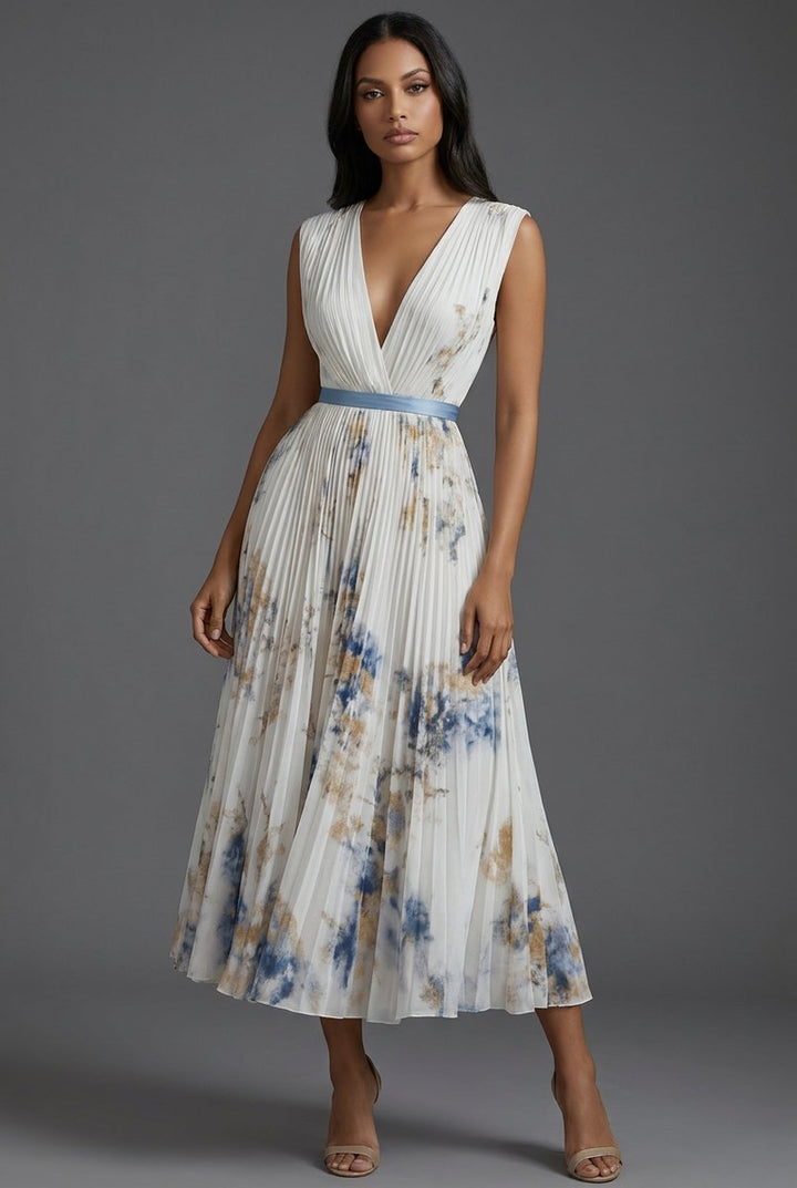 Brautmutter Kleid Midi Blumenkleid mit tiefem V-Ausschnitt und Plisseerock