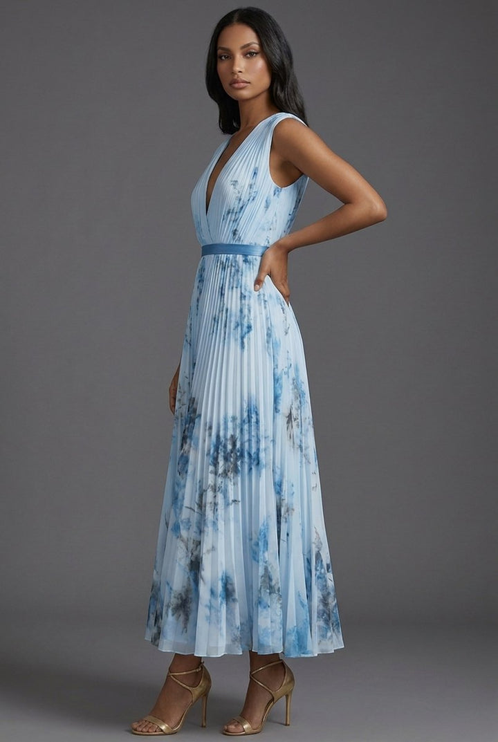 Brautmutter Kleid Midi Blumenkleid mit tiefem V-Ausschnitt und Plisseerock