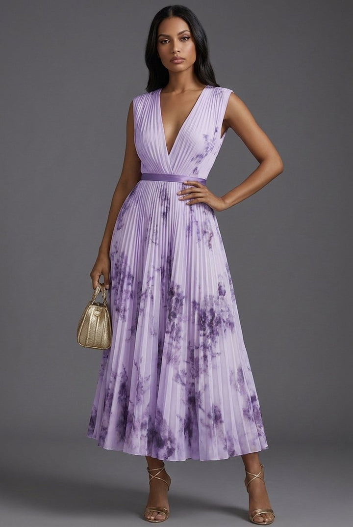 Brautmutter Kleid Midi Blumenkleid mit tiefem V-Ausschnitt und Plisseerock - Purple