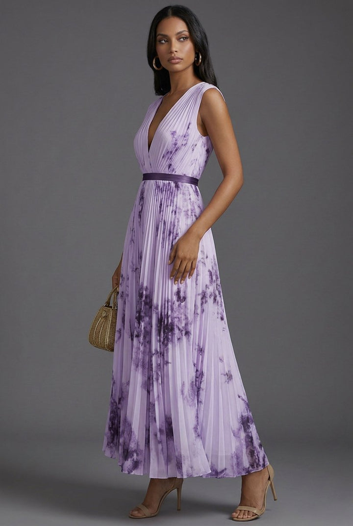 Brautmutter Kleid Midi Blumenkleid mit tiefem V-Ausschnitt und Plisseerock