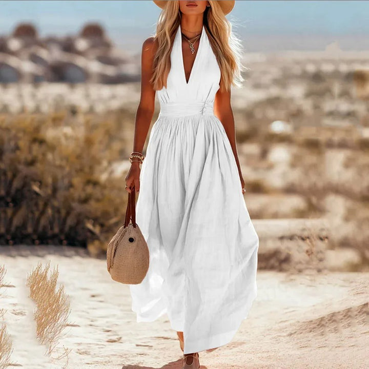 Mia | Damen Boho Neckholder Maxi Leinen-Kleid