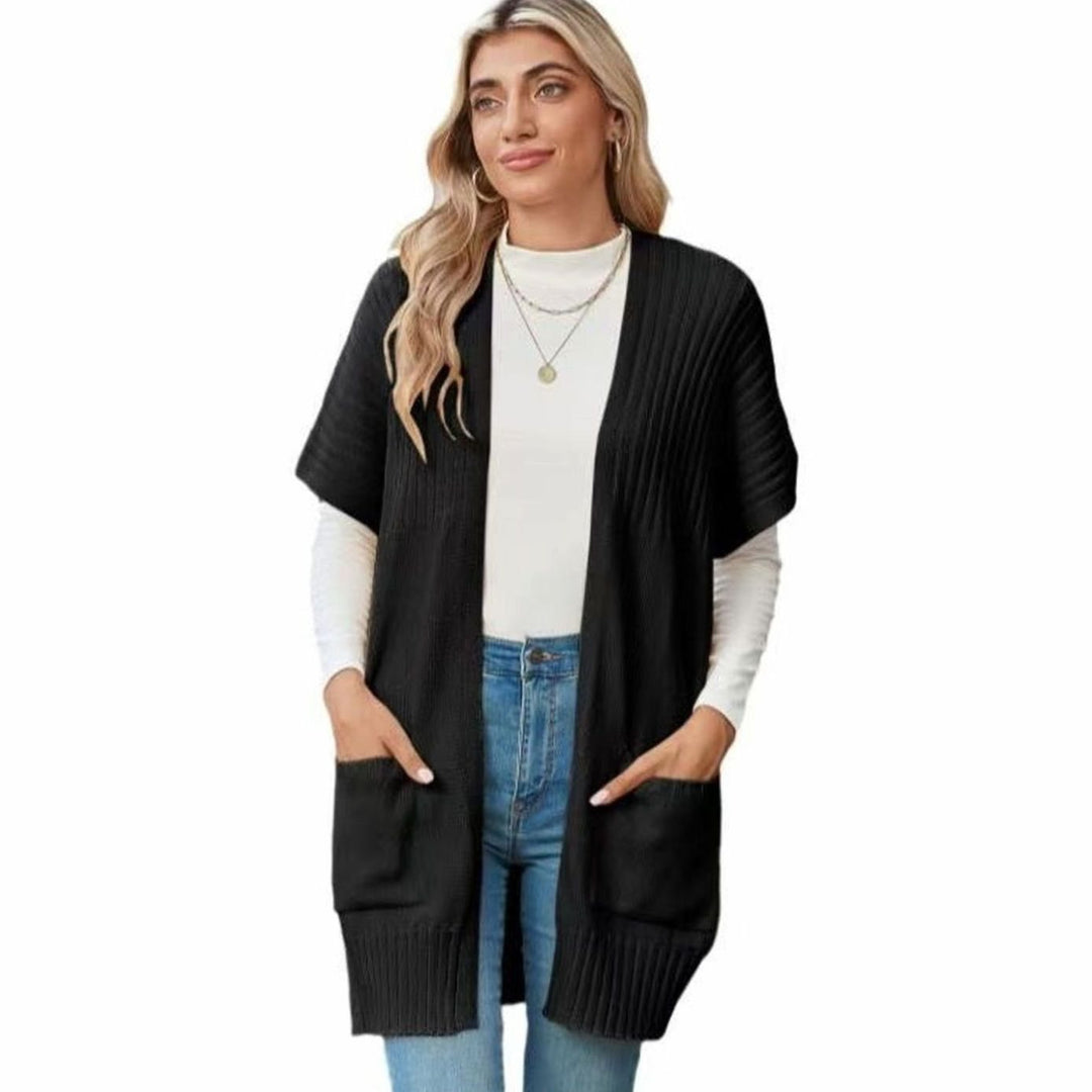 Cameron Strickjacke Damen Offene Front Kurzarm mit Taschen - Schwarz