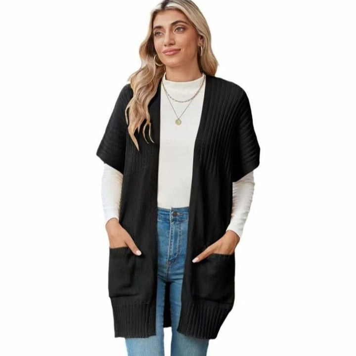 Cameron Strickjacke Damen Offene Front Kurzarm mit Taschen - Schwarz