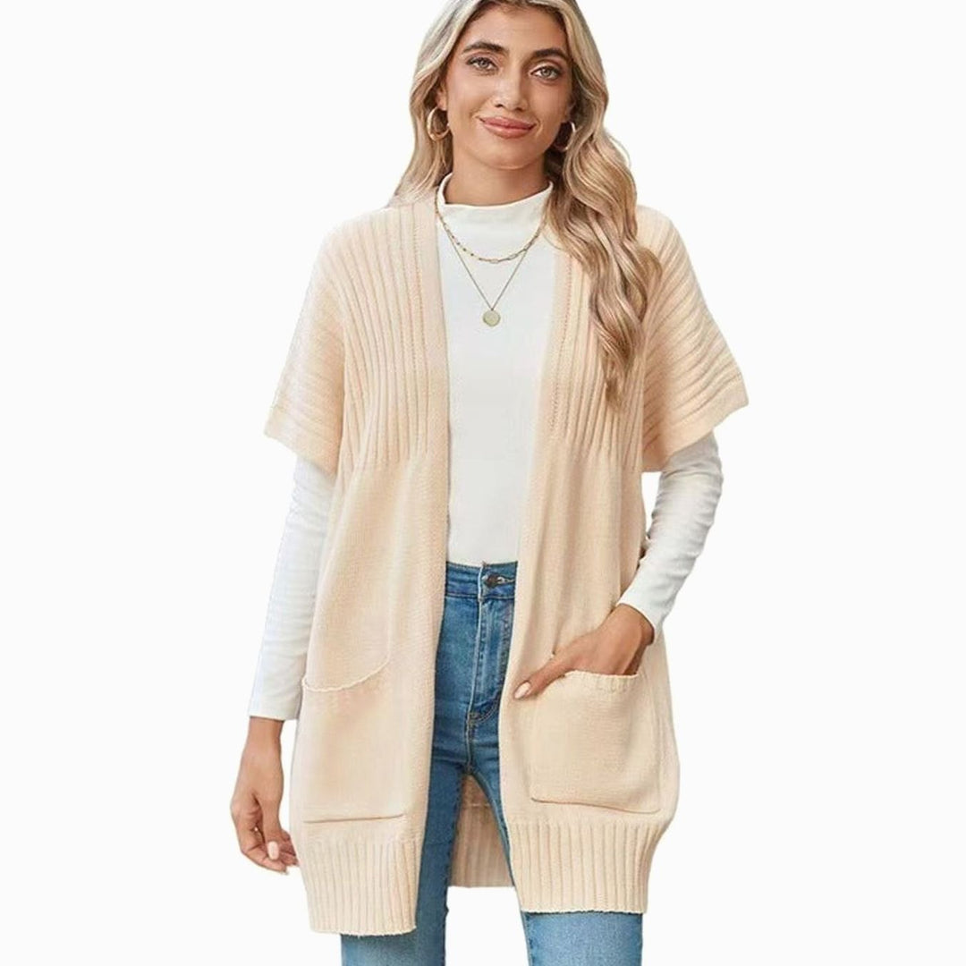 Cameron Strickjacke Damen Offene Front Kurzarm mit Taschen - Aprikose