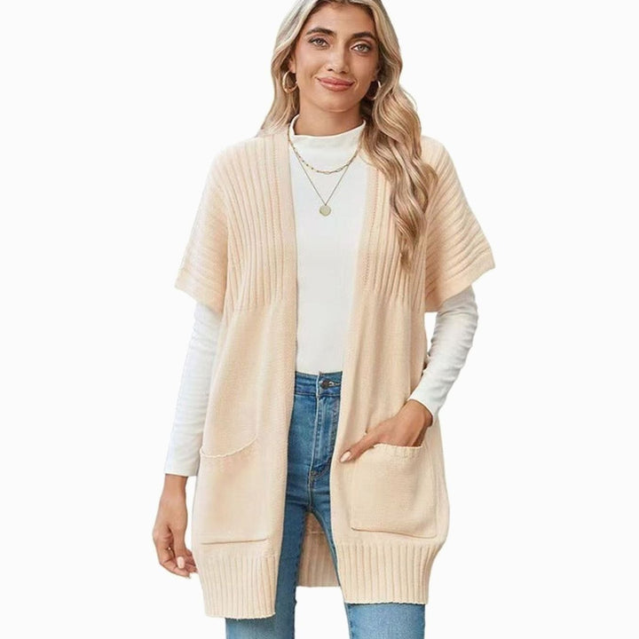Cameron Strickjacke Damen Offene Front Kurzarm mit Taschen - Aprikose