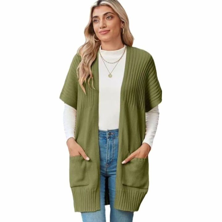Cameron Strickjacke Damen Offene Front Kurzarm mit Taschen - Olivgrün