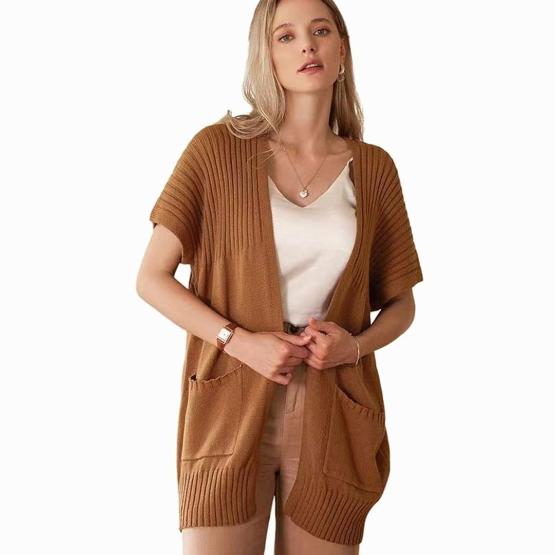 Cameron Strickjacke Damen Offene Front Kurzarm mit Taschen - Braun