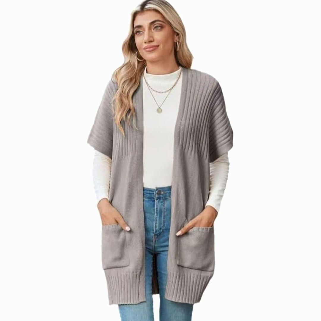 Cameron Strickjacke Damen Offene Front Kurzarm mit Taschen - Hellgrau