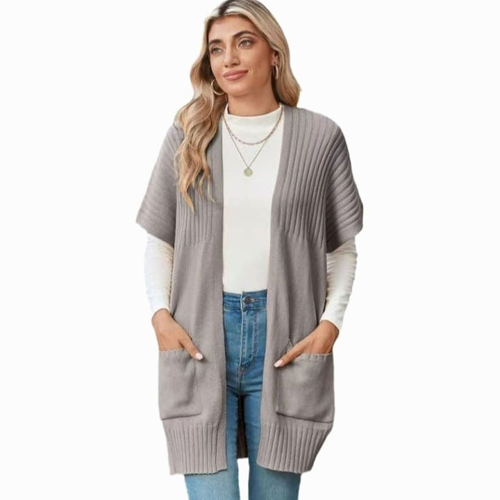 Cameron Strickjacke Damen Offene Front Kurzarm mit Taschen - Hellgrau