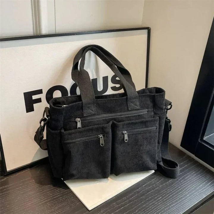 Cord Tote Bag Damen Schultertasche Mehrfachtaschen Reißverschluss - Schwarz