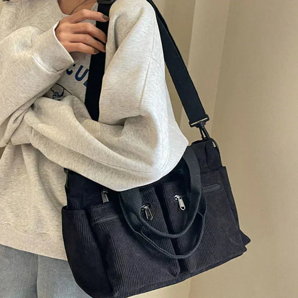 Cord Tote Bag Damen Schultertasche Mehrfachtaschen Reißverschluss
