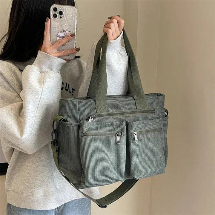 Cord Tote Bag Damen Schultertasche Mehrfachtaschen Reißverschluss