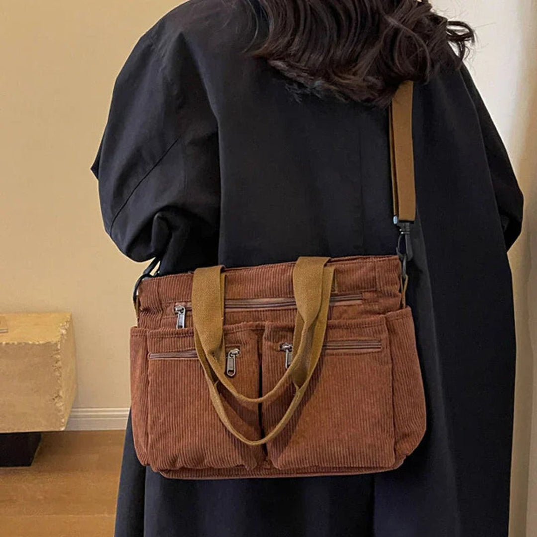 Cord Tote Bag Damen Schultertasche Mehrfachtaschen Reißverschluss