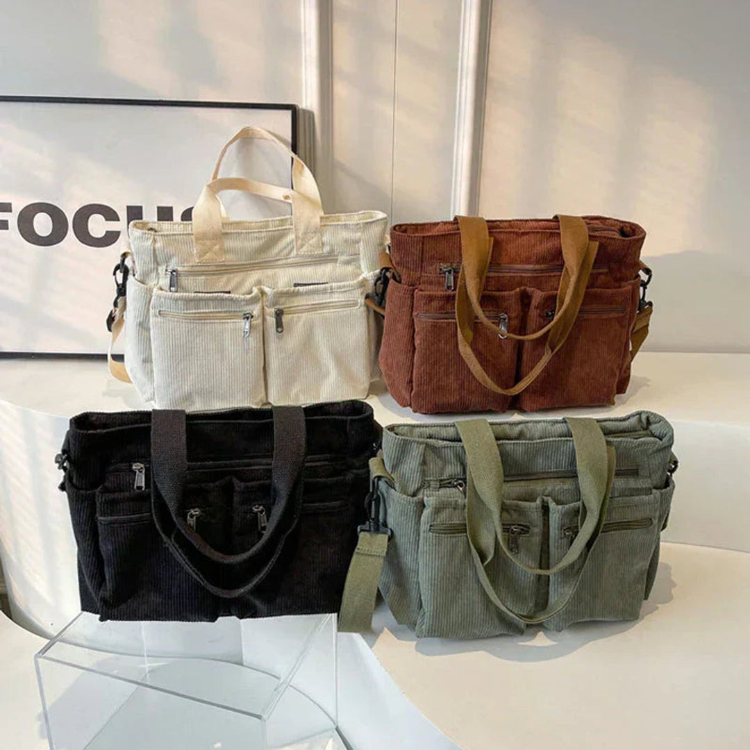 Cord Tote Bag Damen Schultertasche Mehrfachtaschen Reißverschluss