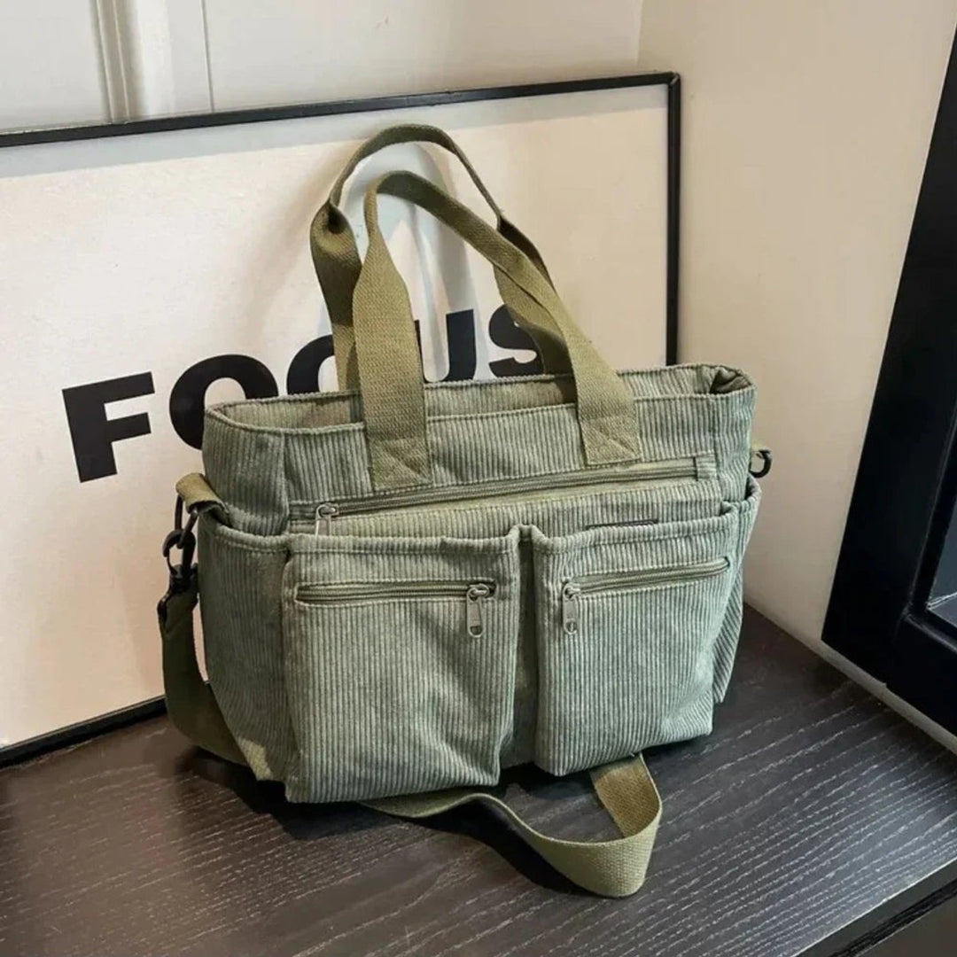 Cord Tote Bag Damen Schultertasche Mehrfachtaschen Reißverschluss - Grün