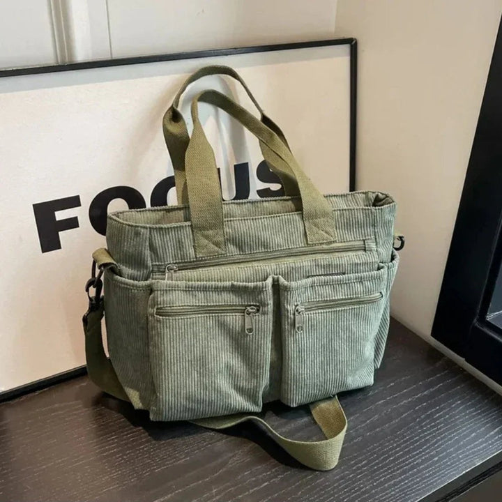 Cord Tote Bag Damen Schultertasche Mehrfachtaschen Reißverschluss - Grün