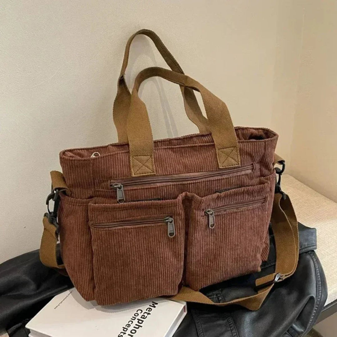 Cord Tote Bag Damen Schultertasche Mehrfachtaschen Reißverschluss - Braun