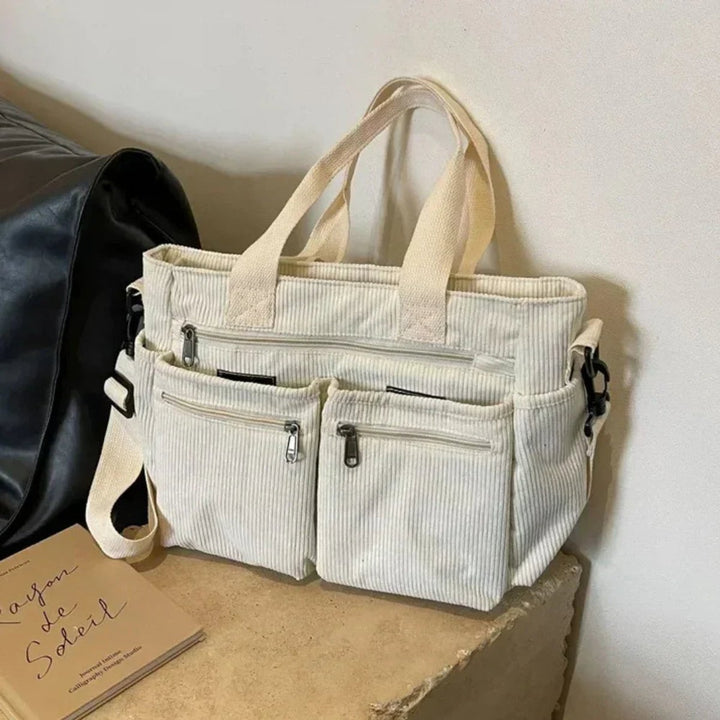 Cord Tote Bag Damen Schultertasche Mehrfachtaschen Reißverschluss - Beige