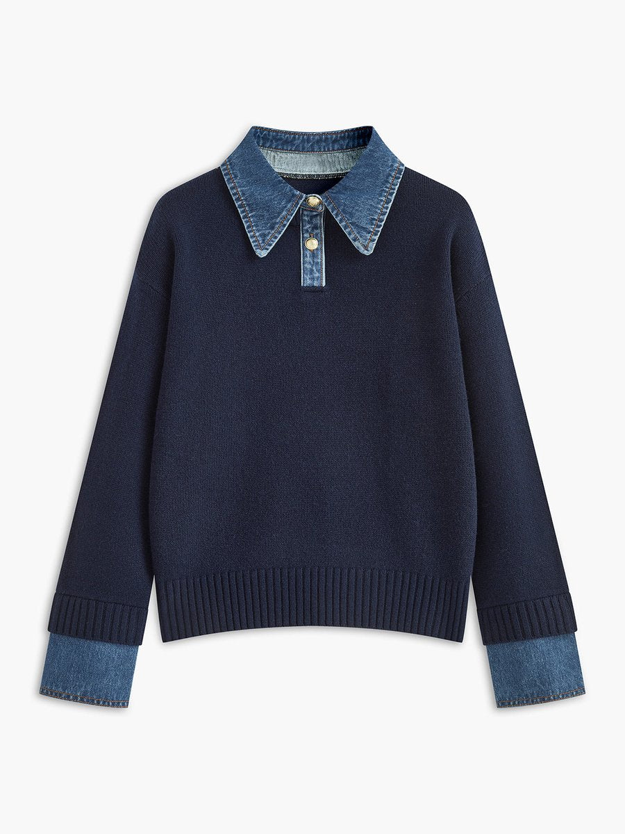 Damen 2-in-1 Strick-Sweater mit Denim-Kragen und Metallknöpfen - Navy