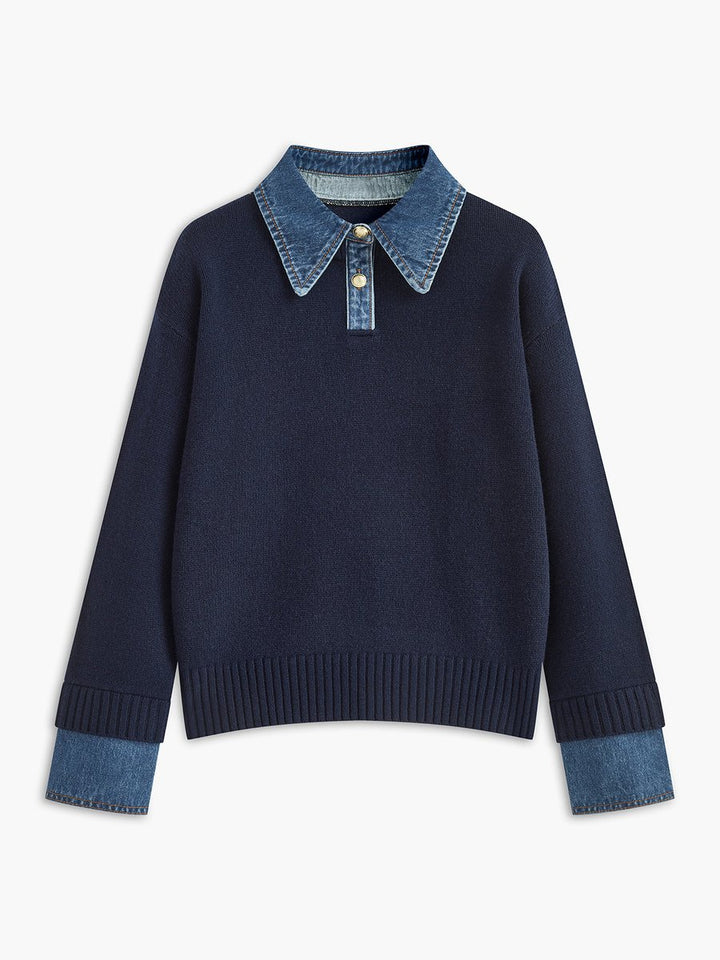 Damen 2-in-1 Strick-Sweater mit Denim-Kragen und Metallknöpfen - Navy