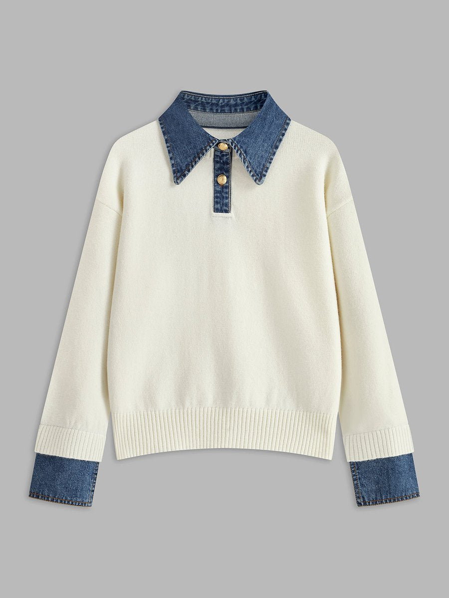 Damen 2-in-1 Strick-Sweater mit Denim-Kragen und Metallknöpfen - White