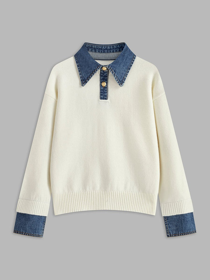 Damen 2-in-1 Strick-Sweater mit Denim-Kragen und Metallknöpfen - White