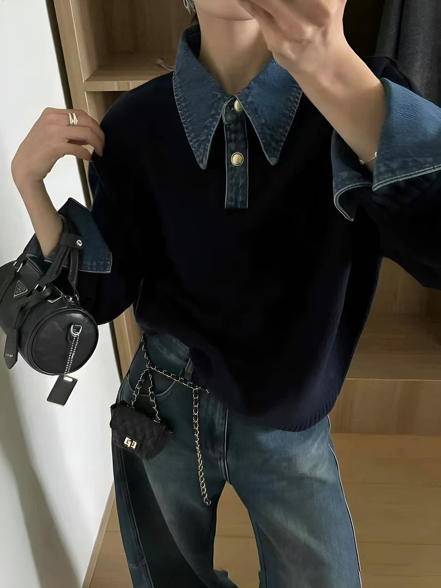 Damen 2-in-1 Strick-Sweater mit Denim-Kragen und Metallknöpfen