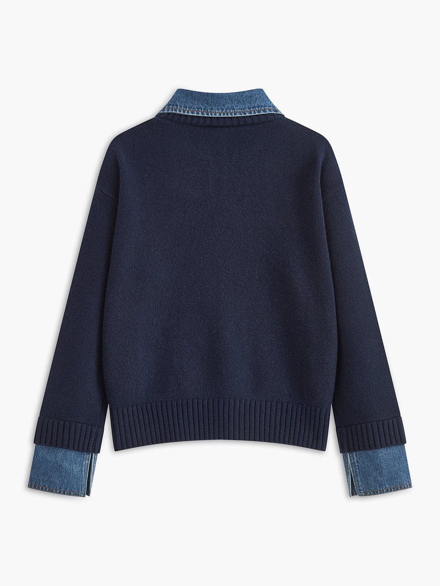 Damen 2-in-1 Strick-Sweater mit Denim-Kragen und Metallknöpfen