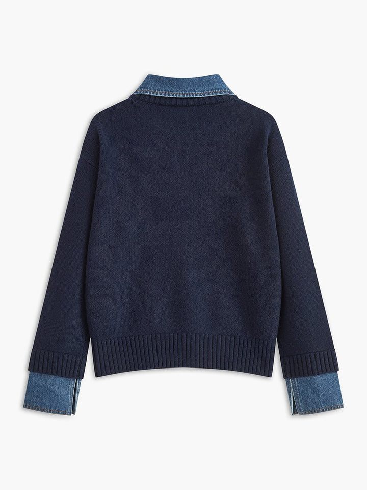 Damen 2-in-1 Strick-Sweater mit Denim-Kragen und Metallknöpfen