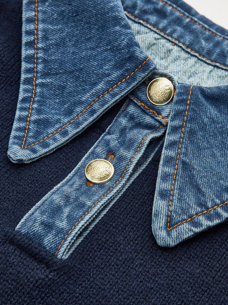 Damen 2-in-1 Strick-Sweater mit Denim-Kragen und Metallknöpfen